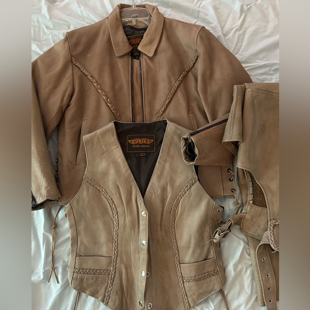 Unik Leather Apparel Tan never worn  coat vest chaps women’s Large  runs small
